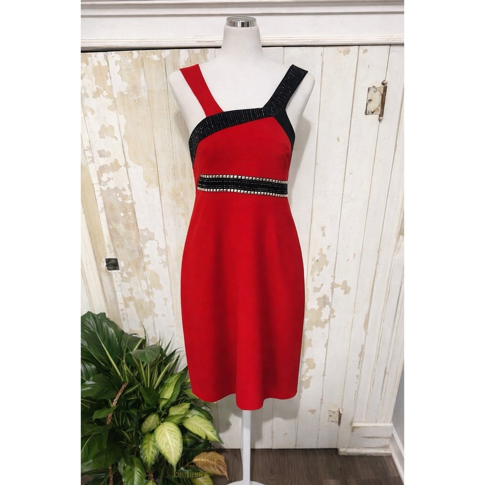 VTG Y2K Nicole Miller Collection Cocktail Dress Beaded 4 V Stud Red Asymmetrical